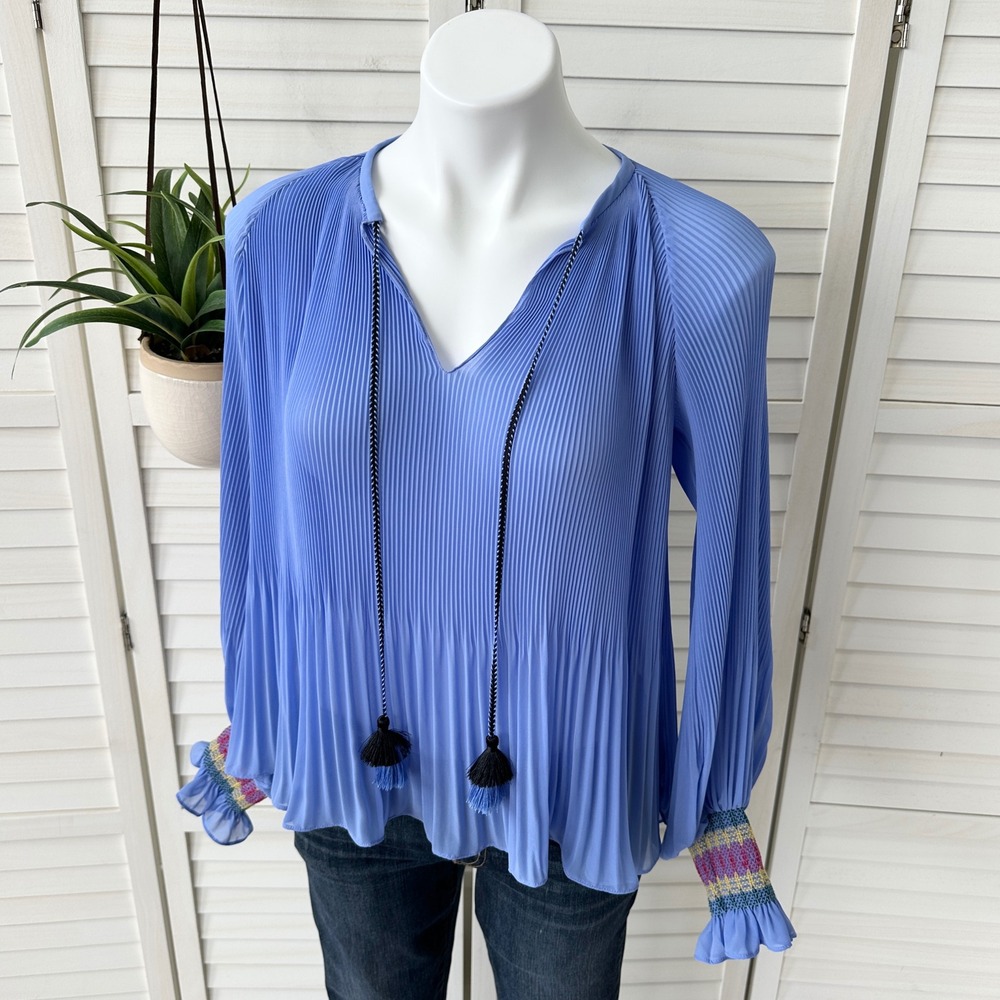 Derek Lam 10 Crosby Helena Pleated Tassel Blouse Top Size 2‎ Blue Long Sleeve